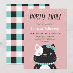 Chic Lady Cat Pink Kids Verjaardagsfeest Kaart