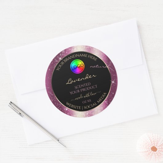 Chic Lavendel Glitter Lijst Productlabel en Logo Ronde Sticker (Envelop)