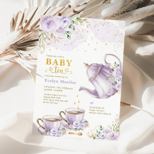 Chic Lavender Gold Floral Baby shower Tea Kaart