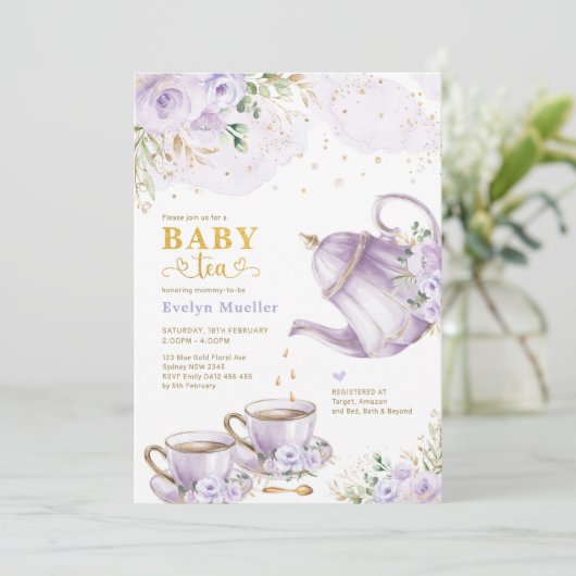 Chic Lavender Gold Floral Baby shower Tea Kaart (Staand voorkant)