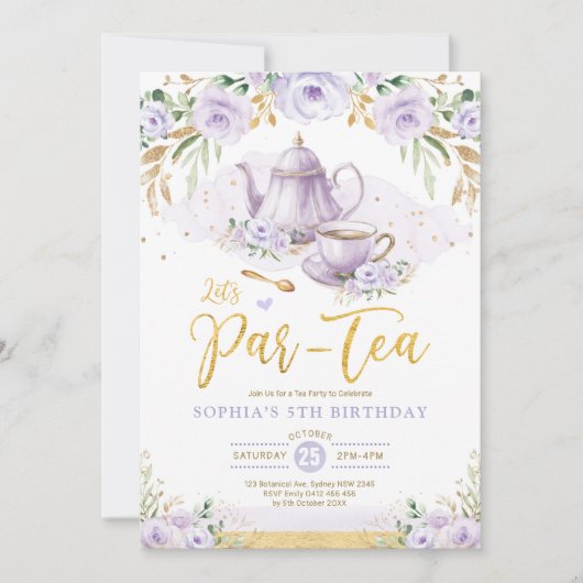 Chic Lavender Gold Floral Girls Birthday Tea Kaart (Voorkant)