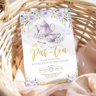 Chic Lavender Gold Floral Girls Birthday Tea Kaart