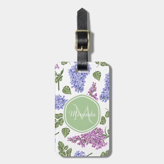 Chic Lavender Lila Floral Pastel Green Monogram Bagagelabel (Voorkant verticaal)