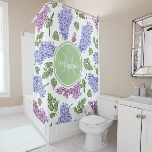 Chic Lavender Lila Floral Pastel Green Monogram Douchegordijn (In situ)