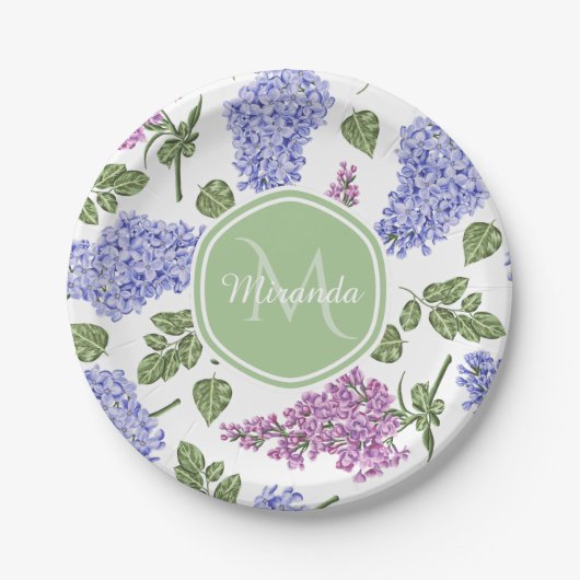 Chic Lavender Lila Floral Pastel Green Monogram Papieren Bordje (Voorkant)