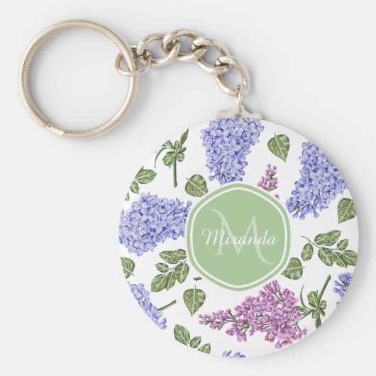 Chic Lavender Lila Floral Pastel Green Monogram Sleutelhanger (Voorkant)