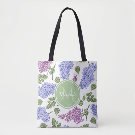 Chic Lavender Lila Floral Pastel Green Monogram Tote Bag (Voorkant)