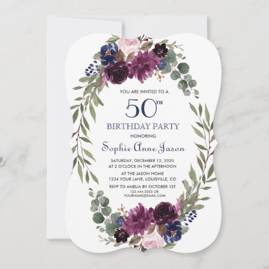 Chic Lavender Navy Blue Floral Bloom 50th Birthday Kaart (Voorkant)