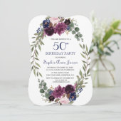 Chic Lavender Navy Blue Floral Bloom 50th Birthday Kaart (Staand voorkant)