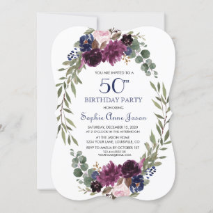 Chic Lavender Navy Blue Floral Bloom 50th Birthday Kaart