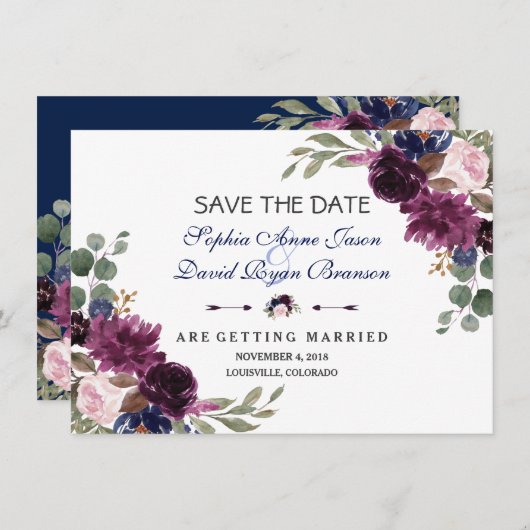 Chic Lavender Navy Blue Floral Bloom Save the Date (Voorkant / Achterkant)