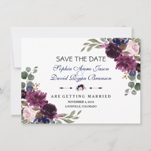 Chic Lavender Navy Blue Floral Bloom Save the Date (Voorkant)