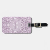 Chic Lavender Paars Damask Monogram met naam Bagagelabel (Voorkant horizontaal)