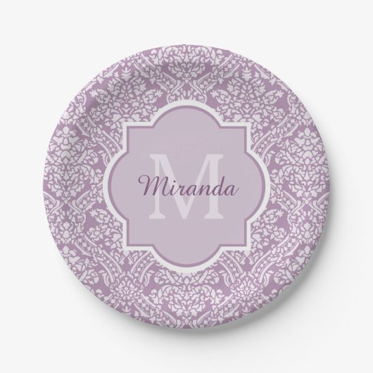 Chic Lavender Paars Damask Monogram met naam Papieren Bordje (Voorkant)