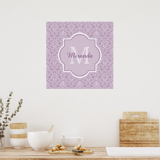 Chic Lavender Paars Damask Monogram met naam Poster (Keuken)