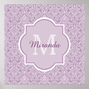 Chic Lavender Paars Damask Monogram met naam Poster