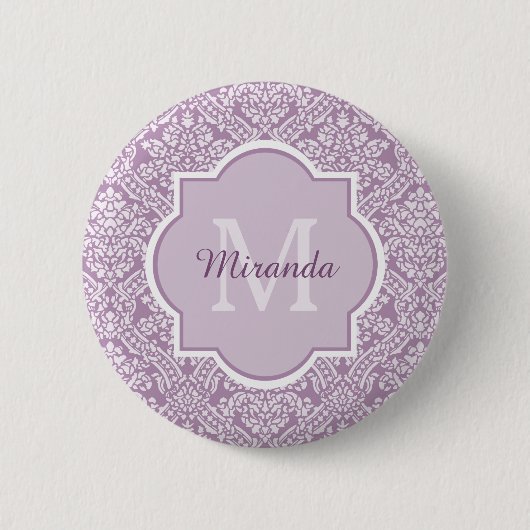 Chic Lavender Paars Damask Monogram met naam Ronde Button 5,7 Cm (Voorkant)