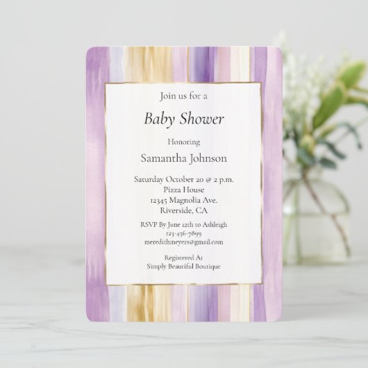 Chic Lavender Purple Gold Stripes Baby Shower Kaart (Staand voorkant)