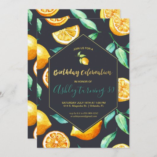 Chic Lemon Citrus Birthday Uitnodiging (Voorkant / Achterkant)
