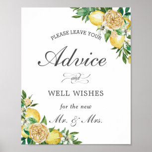 Chic Lemon Floral Advice en Wishes Wedding Sign Poster