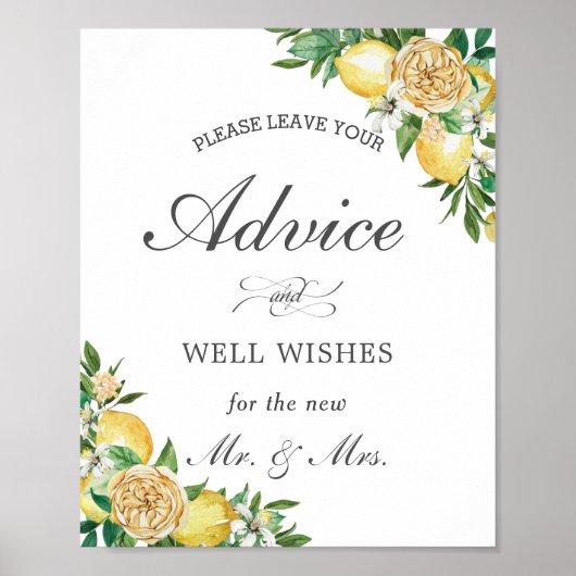 Chic Lemon Floral Advice en Wishes Wedding Sign Poster (Voorkant)