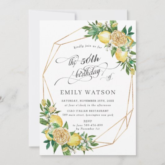 Chic Lemon Floral Greenery Geometric 50th Birthday Kaart (Voorkant)