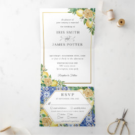Chic Lemon Floral Greenery Gold Wedding RSVP Drieluik Uitnodiging