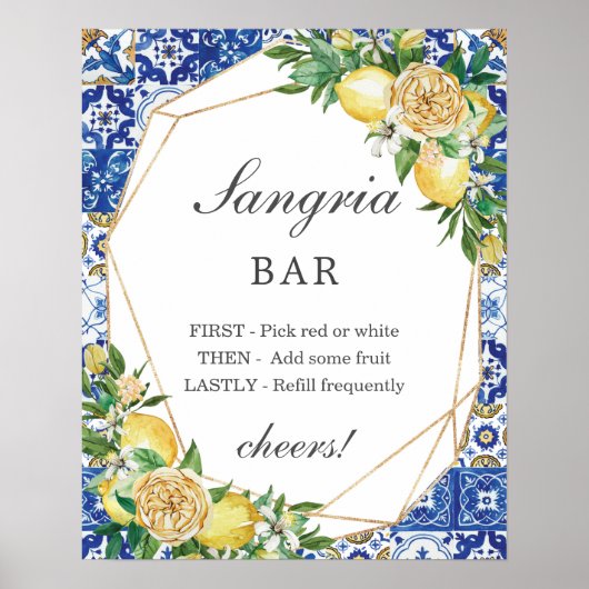 Chic Lemon Floral Sangria Bar Sign Poster (Voorkant)