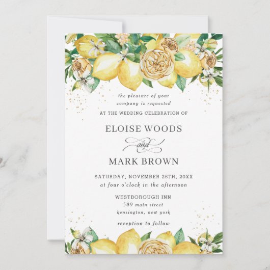 Chic Lemon Floral Summer Greenery Wedding Kaart (Voorkant)