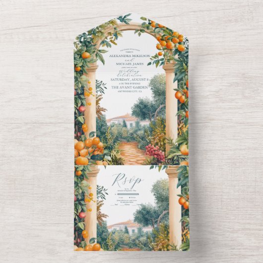 Chic Lemon Mediterranean Summer Wedding All In One Uitnodiging (Binnen)