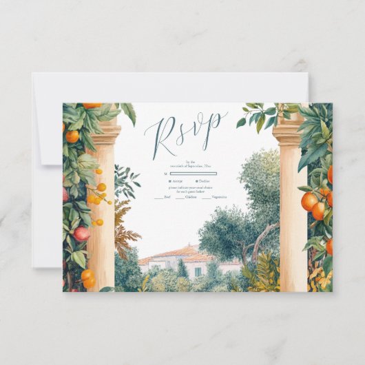 Chic Lemon Mediterranean Summer Wedding RSVP Kaartje (Voorkant)