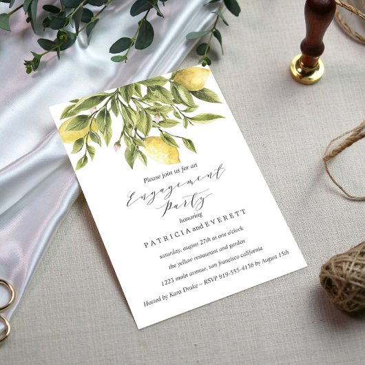 Chic Lemons and Foliage Wedding Engagement Party Kaart