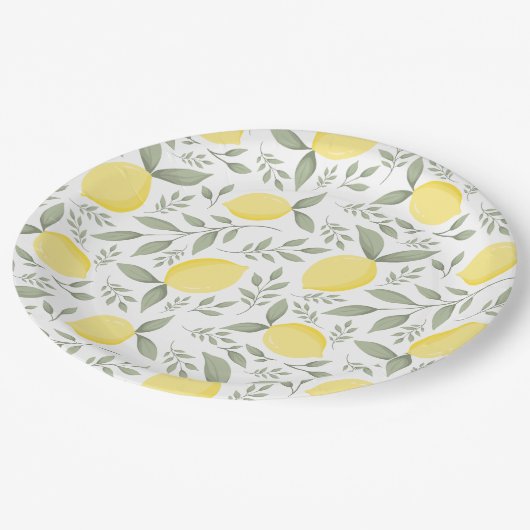 Chic Lemons and Leaves Pattern Monogram Papieren Bordje (Gekanteld)
