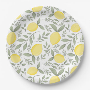 Chic Lemons and Leaves Pattern Monogram Papieren Bordje