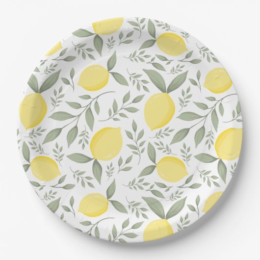 Chic Lemons and Leaves Pattern Monogram Papieren Bordje (Voorkant)