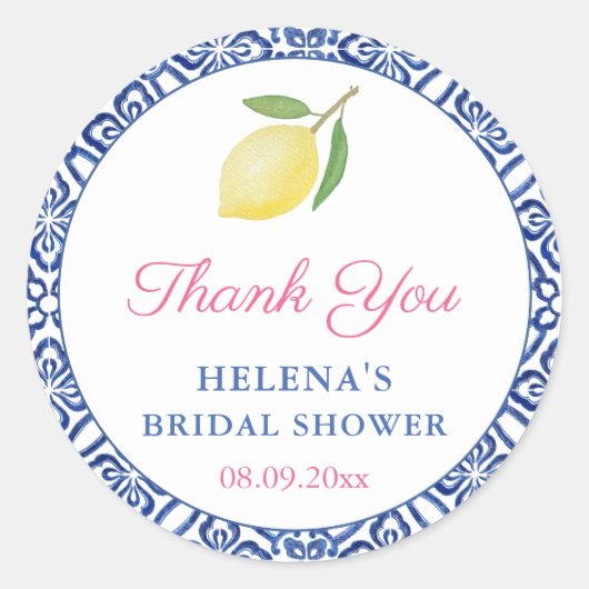 Chic Lemons Italiaanse Blauwe Tegels Bruiloftsfees Ronde Sticker (Voorkant)