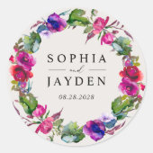 Chic lente roze paarse waterverf bloemenbruiloft ronde sticker (Voorkant)