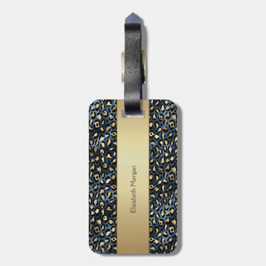 Chic Leopard Pattern Black Bronze Monogram Bagagelabel (Achterkant verticaal)