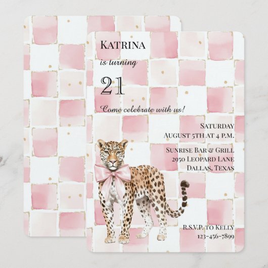 Chic Leopard Pink Bow Squares Verjaardag Kaart (Voorkant / Achterkant)