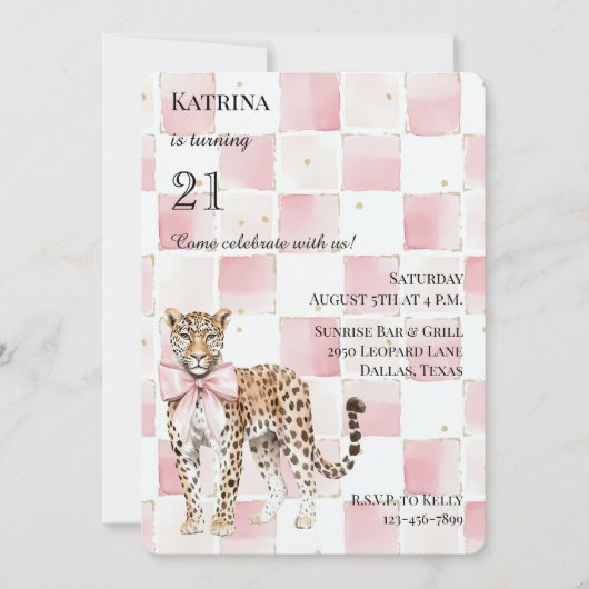 Chic Leopard Pink Bow Squares Verjaardag Kaart (Voorkant)