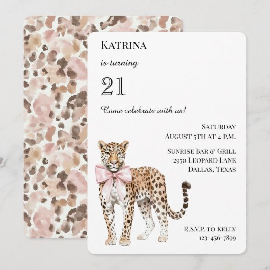 Chic Leopard Pink Bow Verjaardag Kaart (Voorkant / Achterkant)