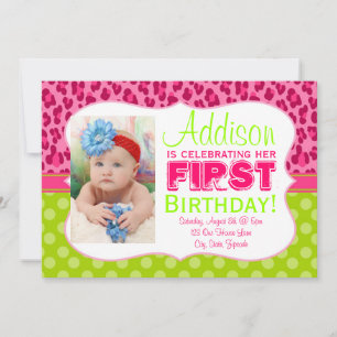 Chic Leopard & Polka Dots Lime Green & Pink Invite Kaart