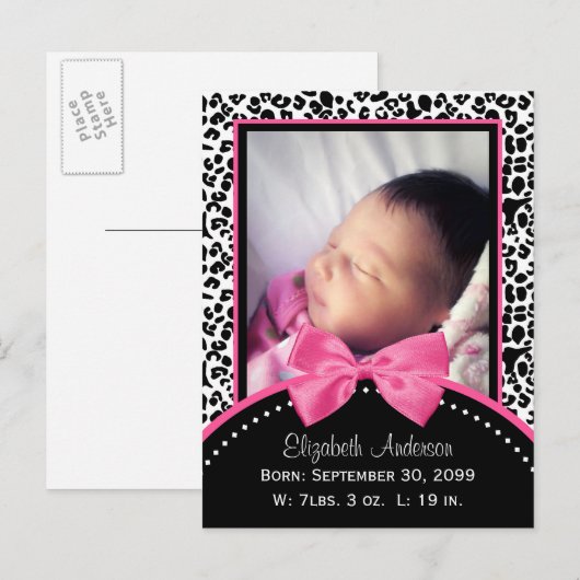 Chic Leopard Print Baby Fotogeboorteaankondiging Aankondigingskaart (Voorkant / Achterkant)