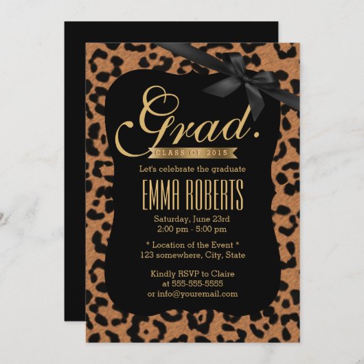 Chic Leopard Print Black Ribbon Afstuderen Kaart (Voorkant / Achterkant)