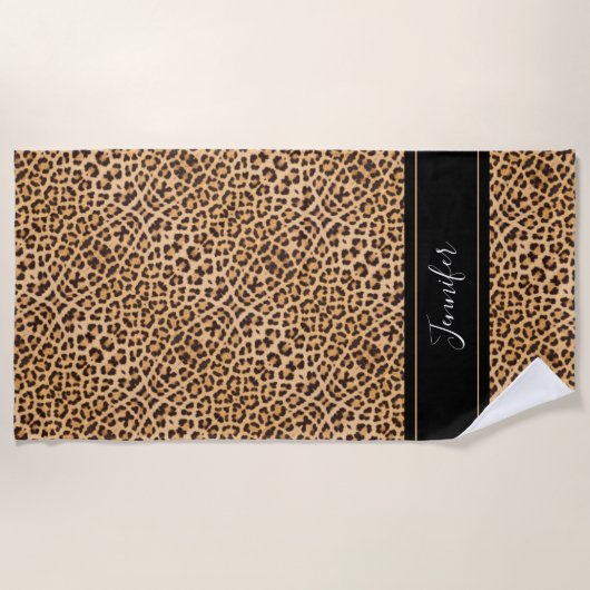 Chic Leopard Print Black Script op maat gemaakt Strandlaken (Voorkant)