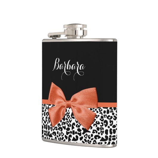 Chic Leopard Print Burnt Oranje Bow met naam Heupfles (Links)