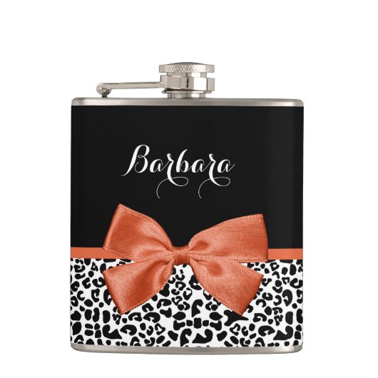 Chic Leopard Print Burnt Oranje Bow met naam Heupfles (Voorkant)