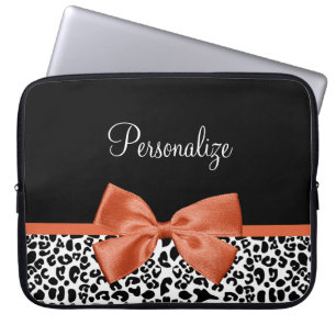 Chic Leopard Print Burnt Oranje Bow met naam Laptop Sleeve