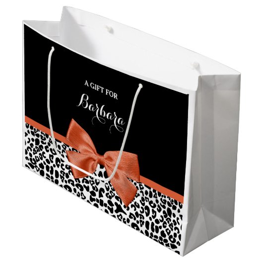 Chic Leopard Print Burnt Oranje Bow met naam Large Cadeautasje (Voorkant Gekanteld)