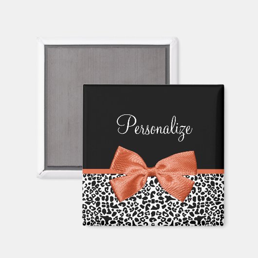 Chic Leopard Print Burnt Oranje Bow met naam Magneet (Voorkant / Achterkant)